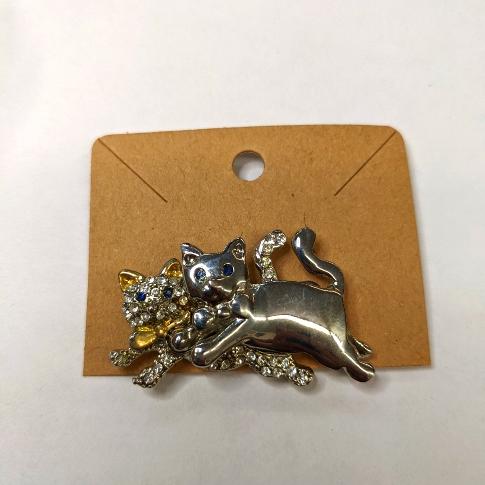 Double Silver & Rhinestone Cat Pin